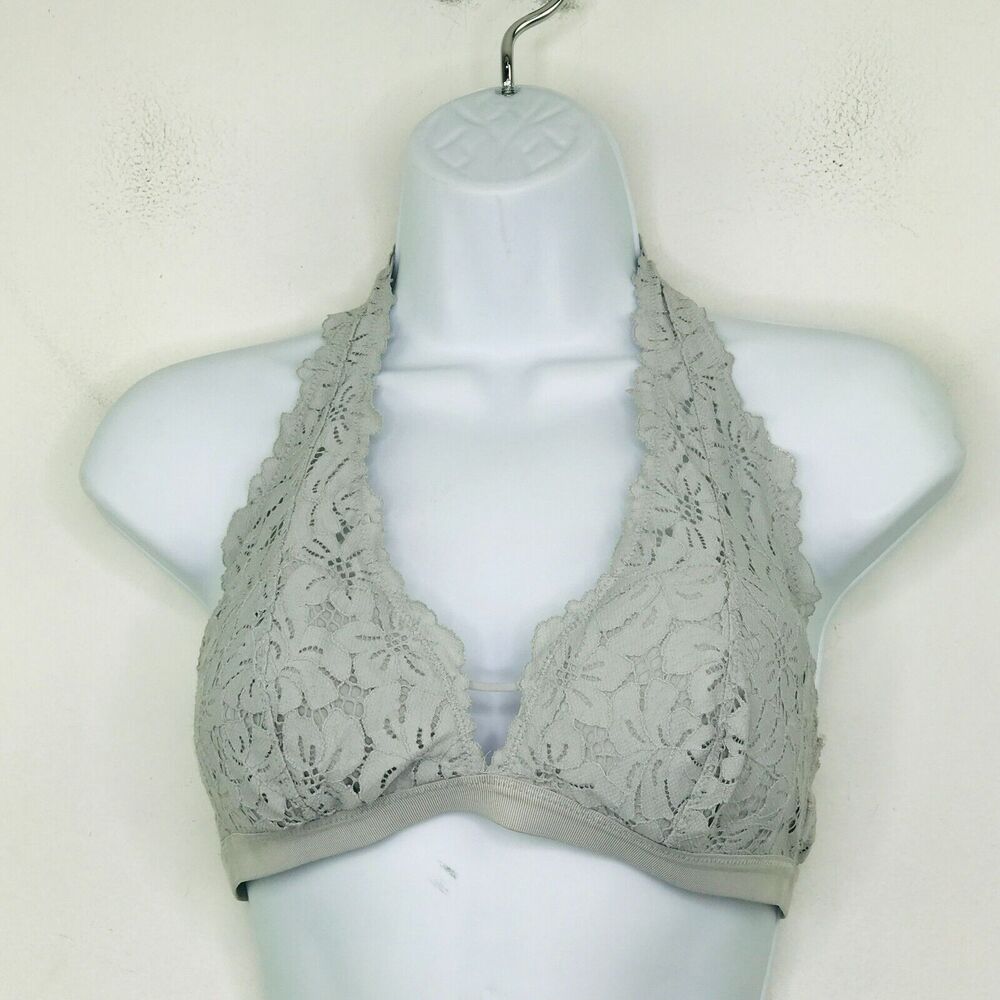 Aerie Women's Medium Bralette Gray Lace Padded Wireless Keyhole Halter BV15